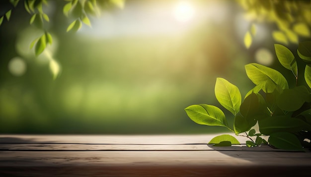 Beautiful spring background with green and empty wooden table Natural template space for text