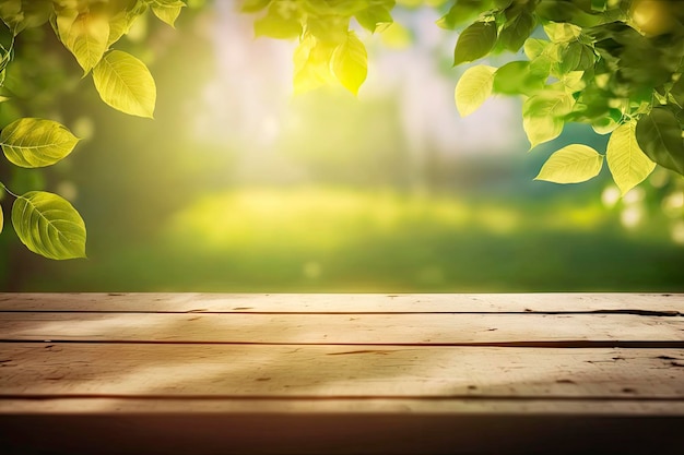 Beautiful spring background with green leaves and empty wooden table in nature outdoors