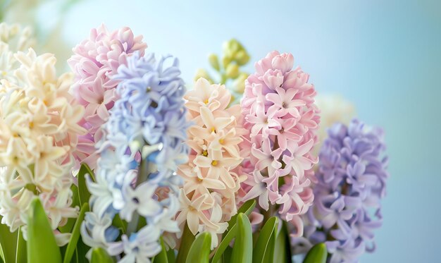 Photo beautiful spring background with hyacinths in pastel colors copy space