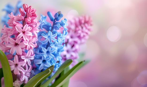 Photo beautiful spring background with hyacinths in pastel colors copy space