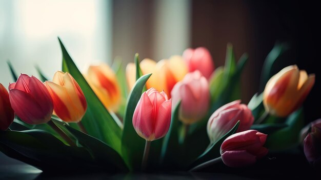 Beautiful spring bouquet of colorful tulips on the windowsill creating a romantic atmosphere Generative AI