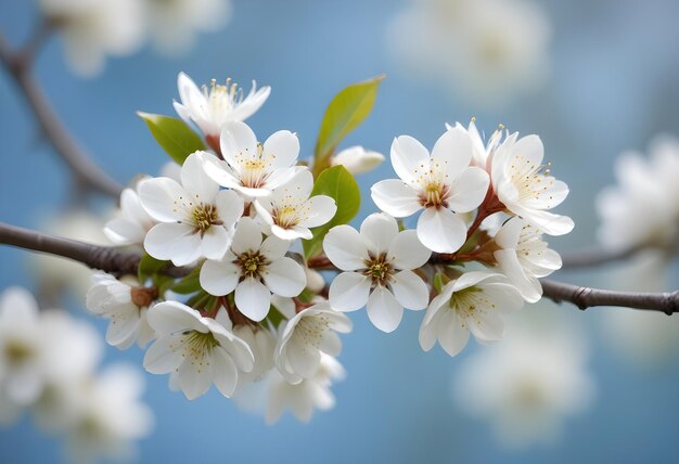 Beautiful spring Bradford pear tree blossoms against a blurred peaceful blue background