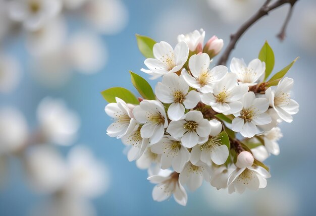 Beautiful spring Bradford pear tree blossoms against a blurred peaceful blue background