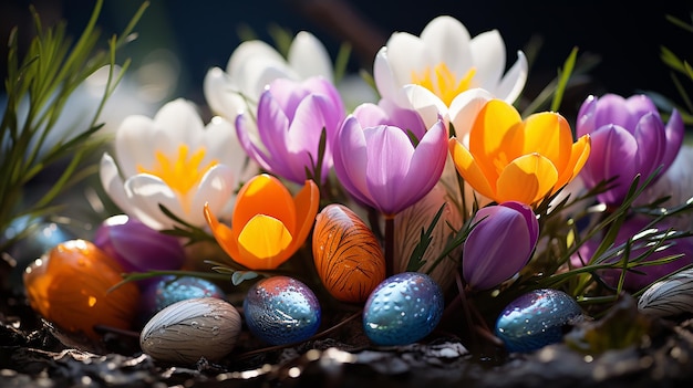 Beautiful Spring Crocus Flowers with Easter Eggs