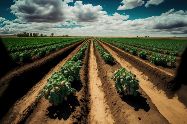 On a beautiful spring day potato plantations flourish in the surrounding area organic produce Crops used in agriculture Aesthetics and agriculture selective attention