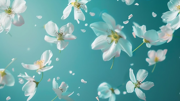 Beautiful spring flowers flying in the air against teal background Creative spring f Generative AI