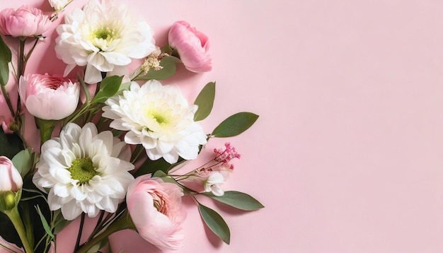 Beautiful spring flowers on light pink background Top view