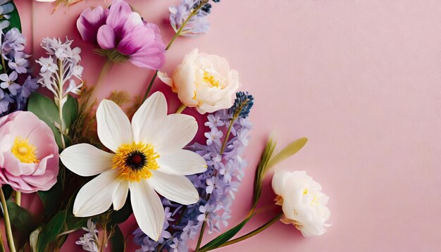 Beautiful spring flowers on light pink background Top view