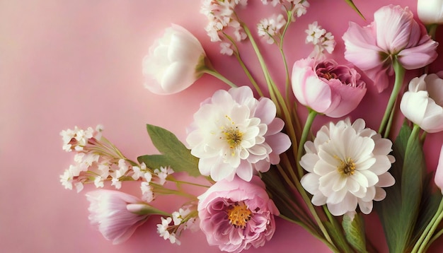 Beautiful spring flowers on light pink background Top view