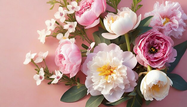 Beautiful spring flowers on light pink background Top view