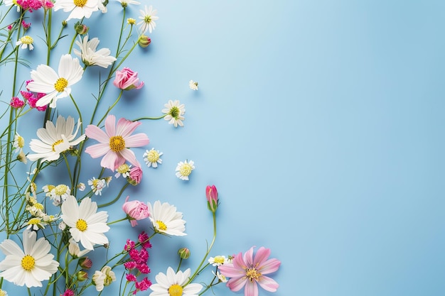 Photo beautiful spring flowers on pastel blue background with copy space