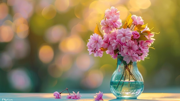 Beautiful spring flowers in a vase on a table pink cherry blossoms with sunlight