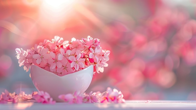 Beautiful spring flowers in a vase on a table pink cherry blossoms with sunlight