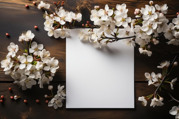 beautiful spring flowers and white mockup postcard wooden flat lay