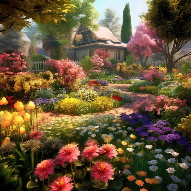 Beautiful spring garden with blooming flowers digital painting