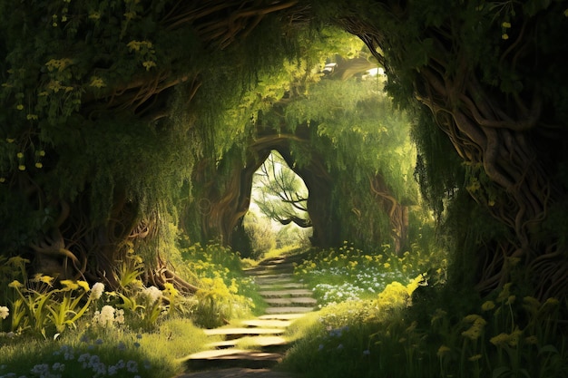 Beautiful spring garden with flowers and a path through the tunnel