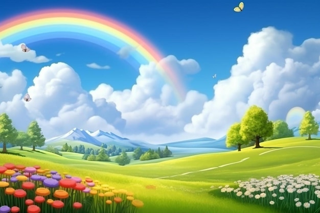 Beautiful spring landscape d clouds in blue sky with realistic d rainbow in the green meadow