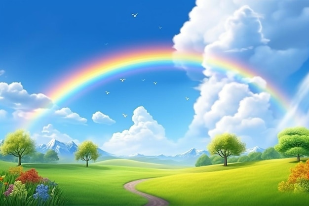 Beautiful spring landscape d clouds in blue sky with realistic d rainbow in the green meadow