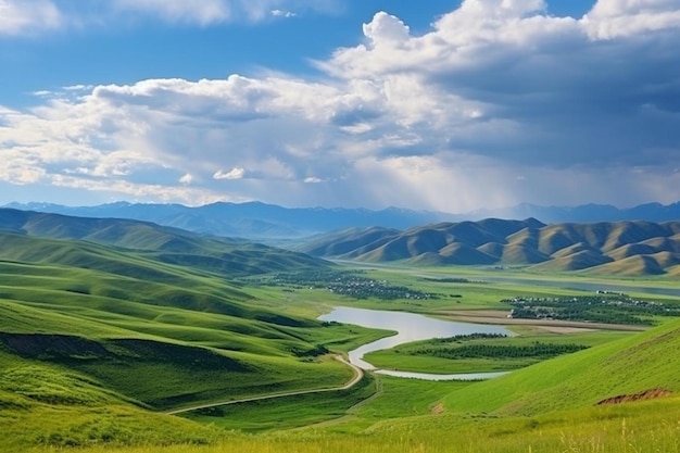 Beautiful spring landscape d clouds in blue sky with realistic d rainbow in the green meadow