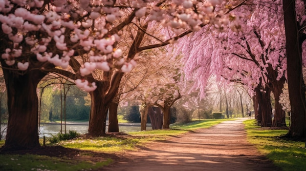 Beautiful spring landscape with flowering trees in the park