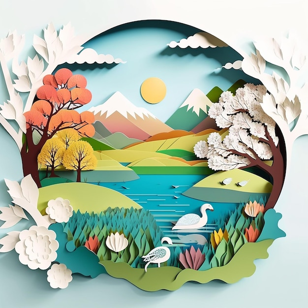 Beautiful spring landscape with a lake background in paper cut style Generative AI