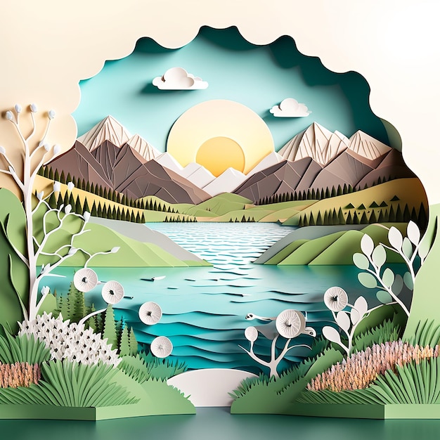 Beautiful spring landscape with a lake background in paper cut style Generative AI