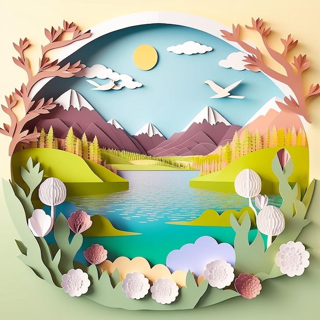 Beautiful spring landscape with a lake background in paper cut style Generative AI