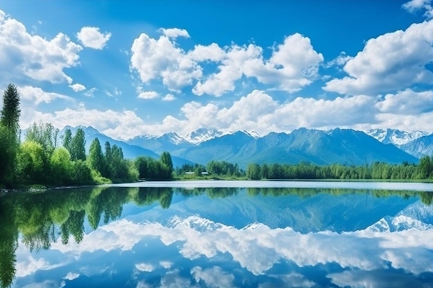 Beautiful spring landscape with mountains and lake