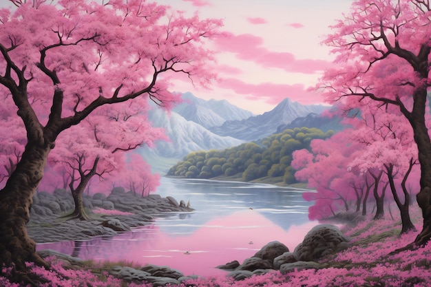 Beautiful spring landscape with pink flowers and lake Digital painting