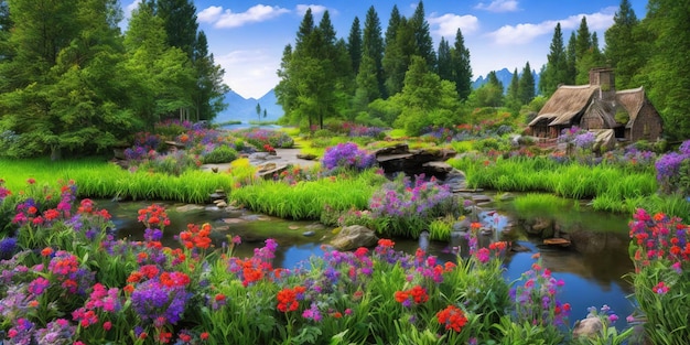 A beautiful spring landscape with a river and flowers.