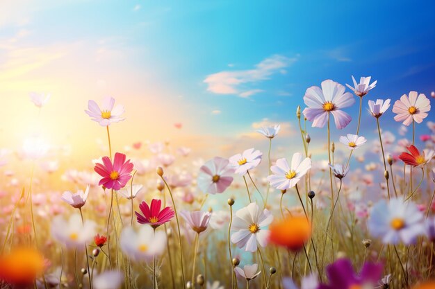 Beautiful spring meadow with colorful wild flowers under a blue sky and sunlight