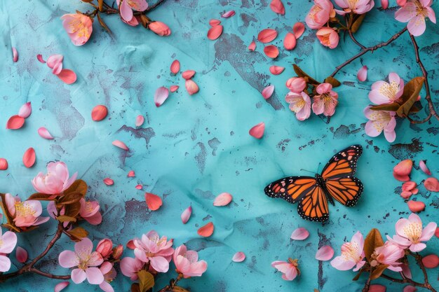 Photo beautiful spring nature background with butterfly and blossom