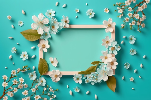 Beautiful spring nature background with lovely blossom, petal a on turquoise blue background frame