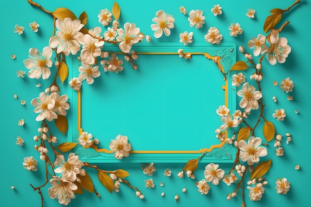 Beautiful spring nature background with lovely blossom, petal a on turquoise blue background frame