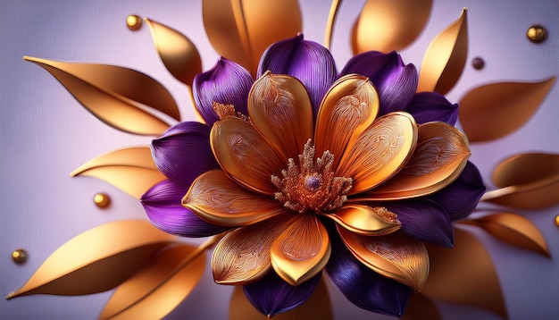 beautiful spring orange purple flower with golden leaves on decorative background as wallp