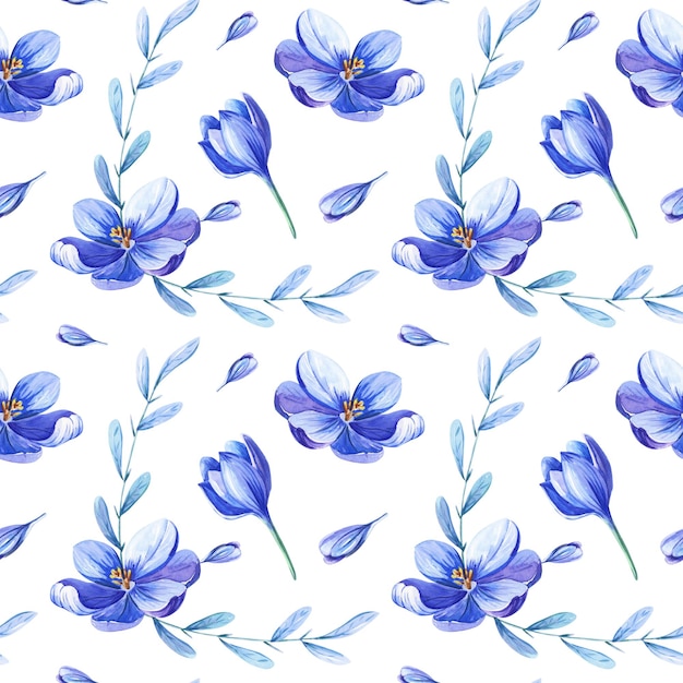 Beautiful spring seamless pattern with blue crocuses Purple flowers of saffron