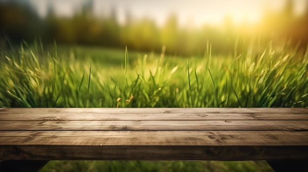 Beautiful spring season with wooden table in grass field and bokeh light background