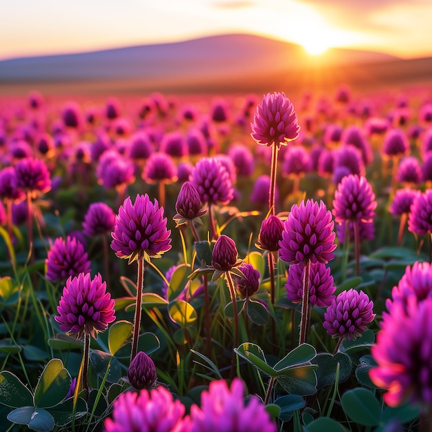 Beautiful spring summer natural landscape with a field of purple clover flowers