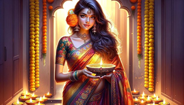 A beautiful Sri Lankan Tamil woman wearing a traditional saree is depicted new year lamp