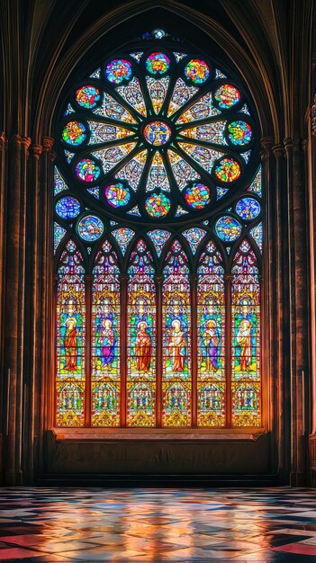 Photo a beautiful stained glass window in cathedral showcases intricate designs and vibrant colors illuminating space with warm glow artistry captures essence of spirituality and history