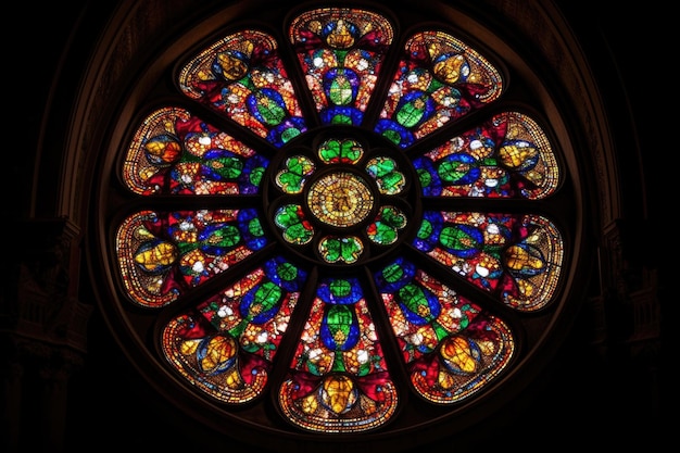 Beautiful stained glass window with intricate details and colors created with generative ai