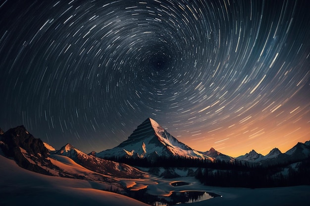 Beautiful star trail with mountains Generative AI