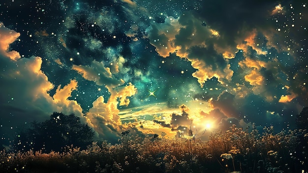 Beautiful starry night sky background with clouds