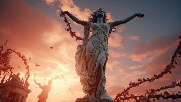 A beautiful statue of a woman against a vibrant sunset backdrop