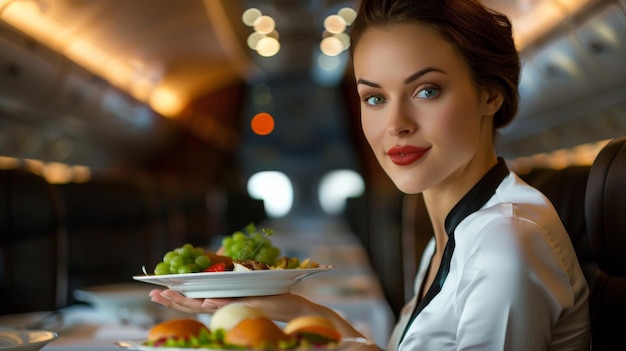 Photo beautiful stewardess offers passenger a delicious lunch on board the plane