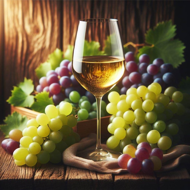 Beautiful still life white wine glass grapes bunches of grapes