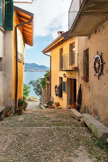 Beautiful street of fishing island on lake Maggiore Italy