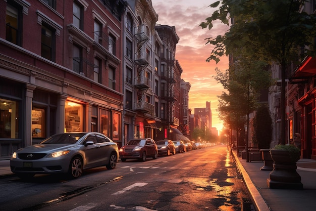 beautiful street view in the city at sunset