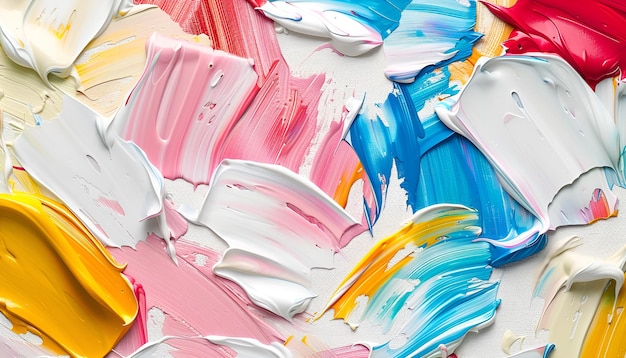 Photo beautiful strokes of colorful oil paints on white canvas as background closeup