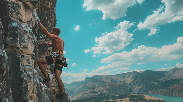 Beautiful Strong man climbing on a mountain